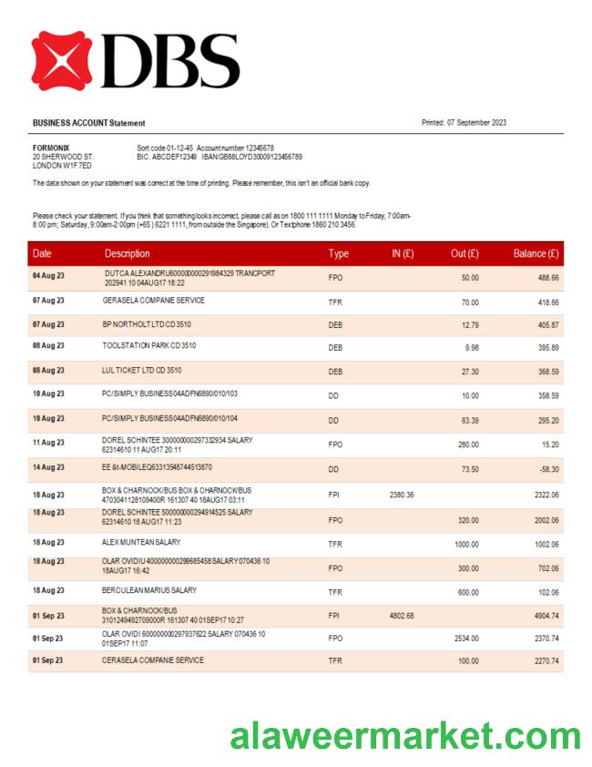 DBS Bank organization checking account statement Word and PDF template